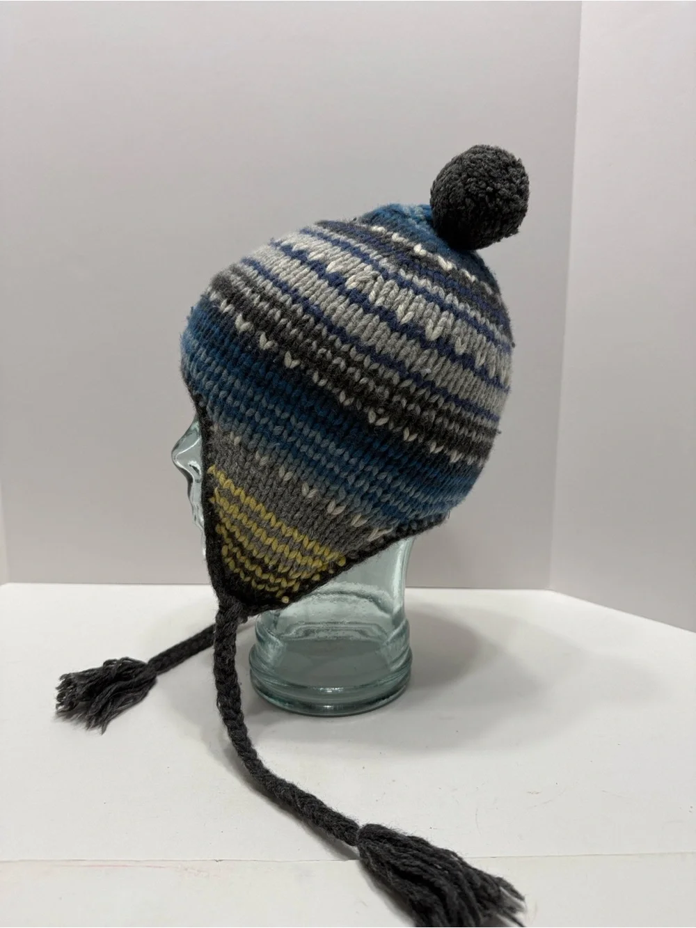 American Eagle Outfitters Blue, Gray, White & Yellow Striped Knit Earflap Hat